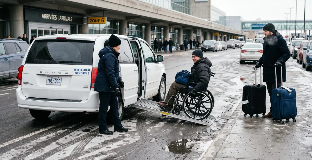 A driver deploys the ramp of a wheelchair-accessible van at a Montréal airport curb as a passenger in a wheelchair rolls up, with luggage waiting beside them.