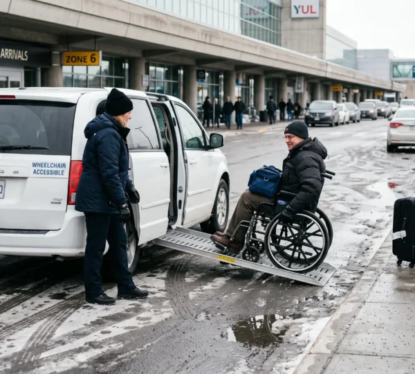 A driver deploys the ramp of a wheelchair-accessible van at a Montréal airport curb as a passenger in a wheelchair rolls up, with luggage waiting beside them.