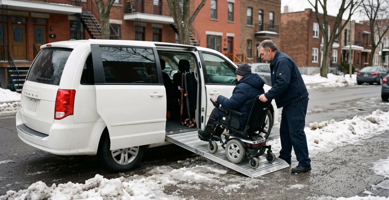 A driver guides a passenger in a power wheelchair up the deployed ramp of an accessible van parked on a Montreal winter street.