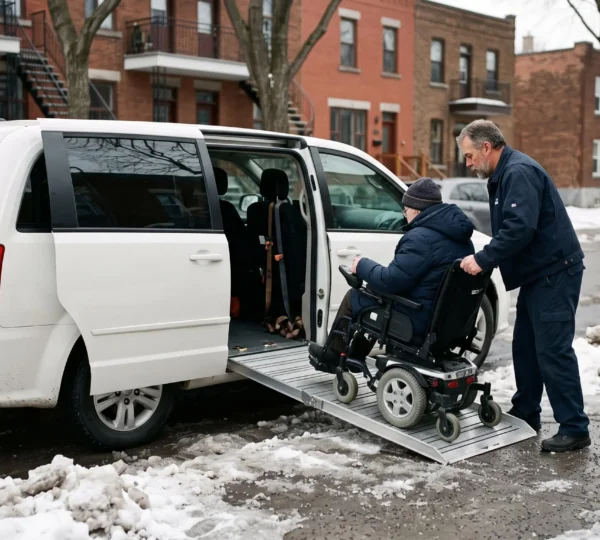 A driver guides a passenger in a power wheelchair up the deployed ramp of an accessible van parked on a Montreal winter street.