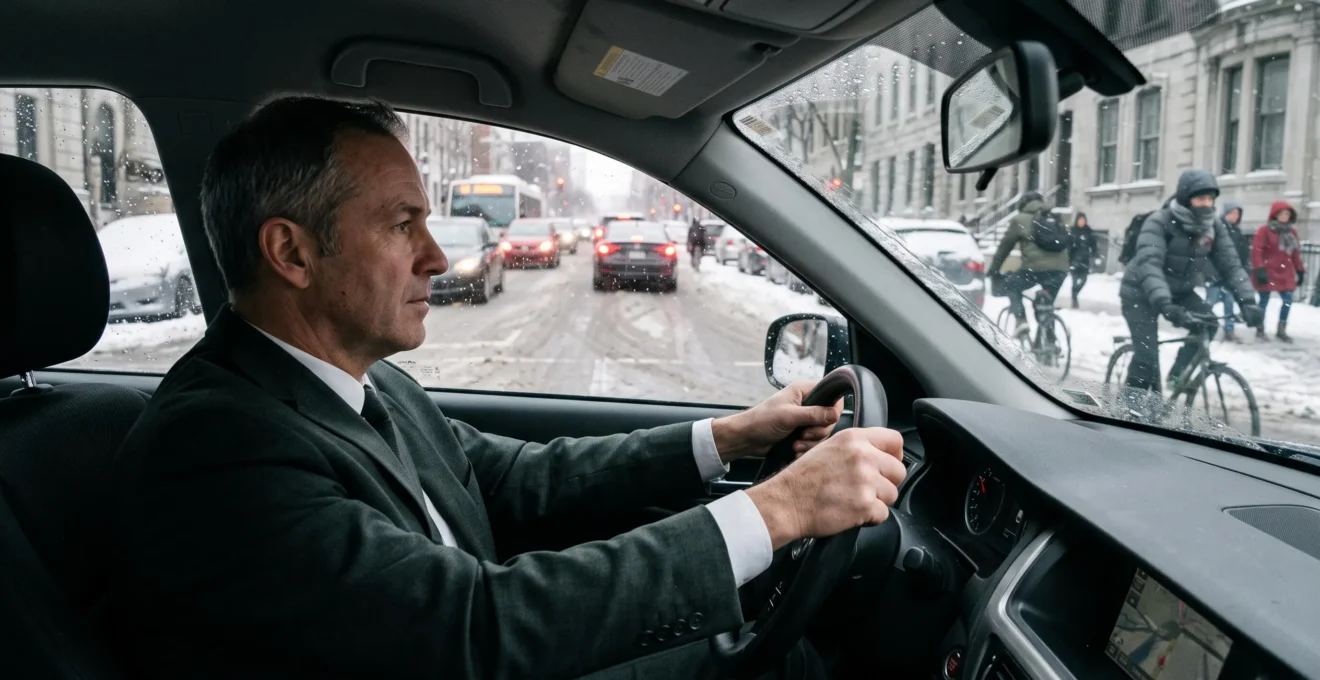 A professional chauffeur drives attentively through a snowy Montreal street, keeping a safe distance from traffic, cyclists and pedestrians.