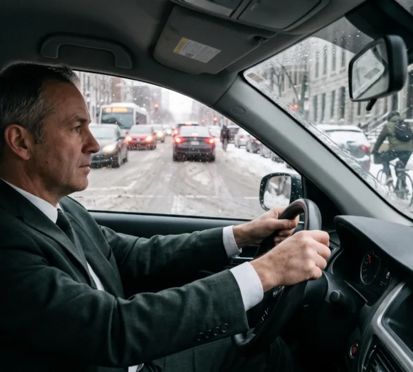 A professional chauffeur drives attentively through a snowy Montreal street, keeping a safe distance from traffic, cyclists and pedestrians.