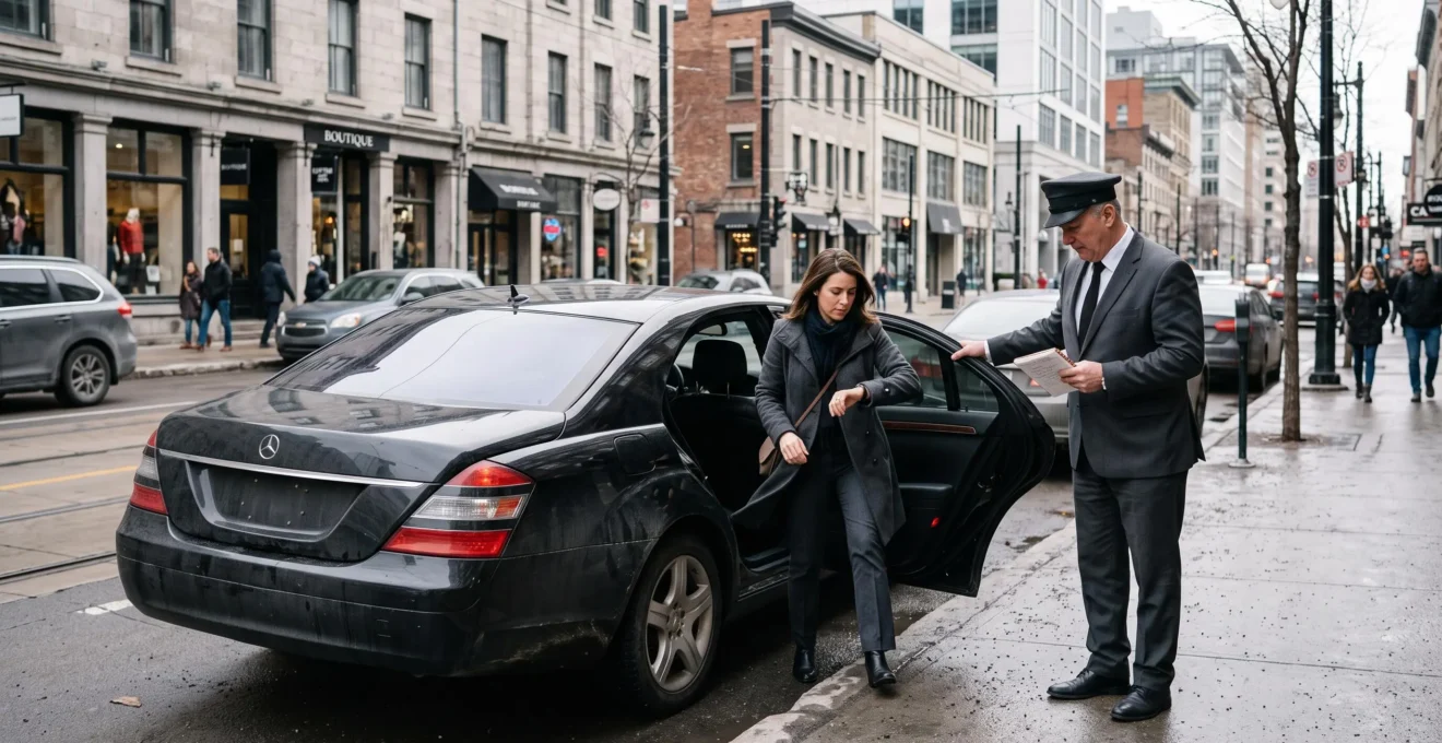 A chauffeur holds the door of a black sedan open for a businesswoman checking her watch on a downtown Montréal street.
