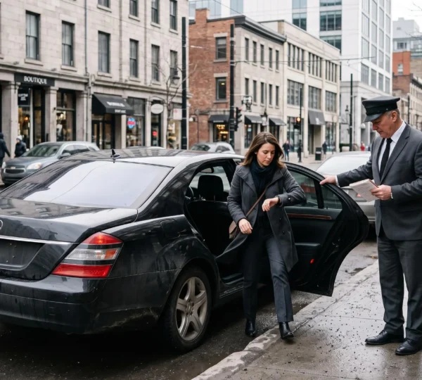 A chauffeur holds the door of a black sedan open for a businesswoman checking her watch on a downtown Montréal street.
