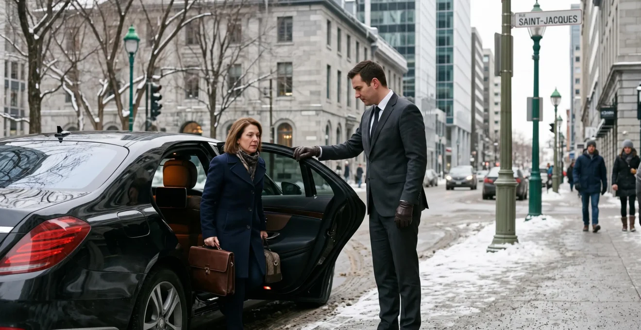 A professional chauffeur in a dark suit holds open the door of a black luxury sedan for a business traveller on a snowy downtown Montréal street.