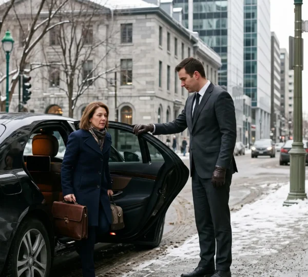A professional chauffeur in a dark suit holds open the door of a black luxury sedan for a business traveller on a snowy downtown Montréal street.