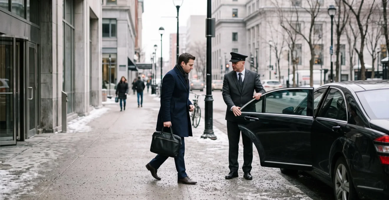 A chauffeur holds open the rear door of a black executive sedan as a business traveler approaches on a downtown Montréal street.