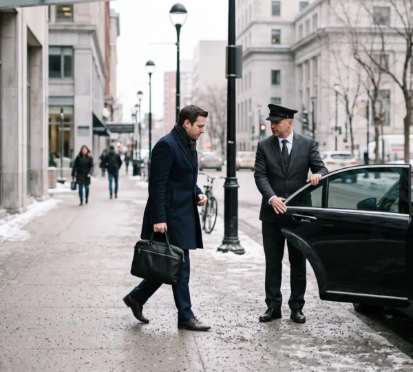 A chauffeur holds open the rear door of a black executive sedan as a business traveler approaches on a downtown Montréal street.
