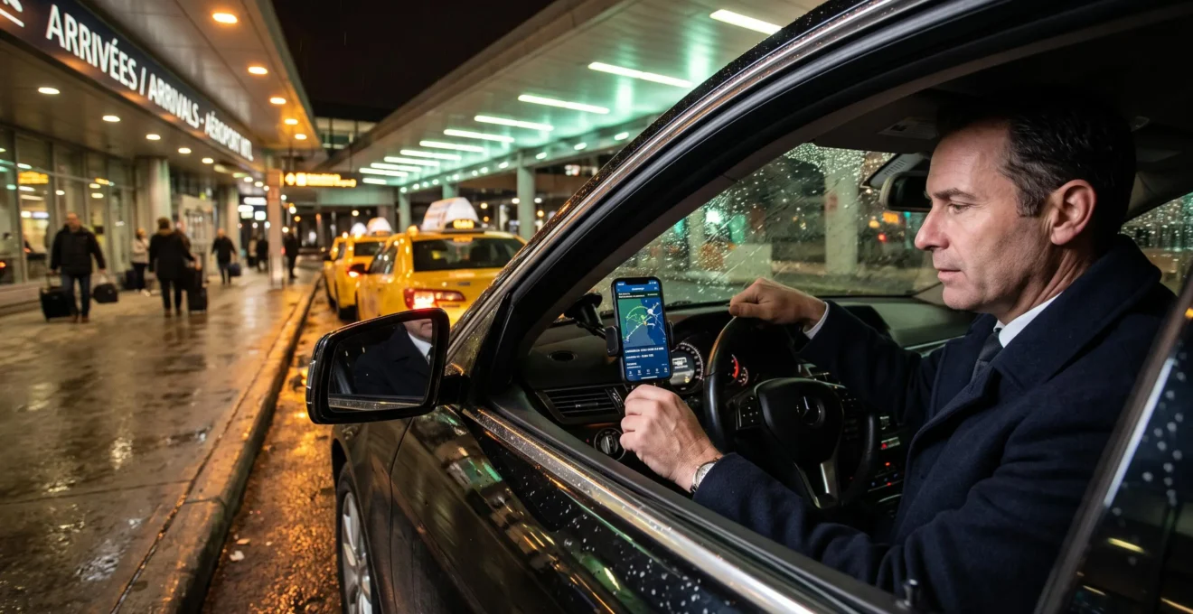 A chauffeur sitting in a parked sedan at night outside Montreal-Trudeau airport checks a flight tracking app mounted on the dashboard while waiting for an arriving passenger.