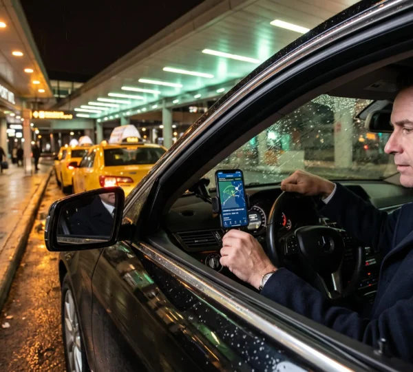 A chauffeur sitting in a parked sedan at night outside Montreal-Trudeau airport checks a flight tracking app mounted on the dashboard while waiting for an arriving passenger.