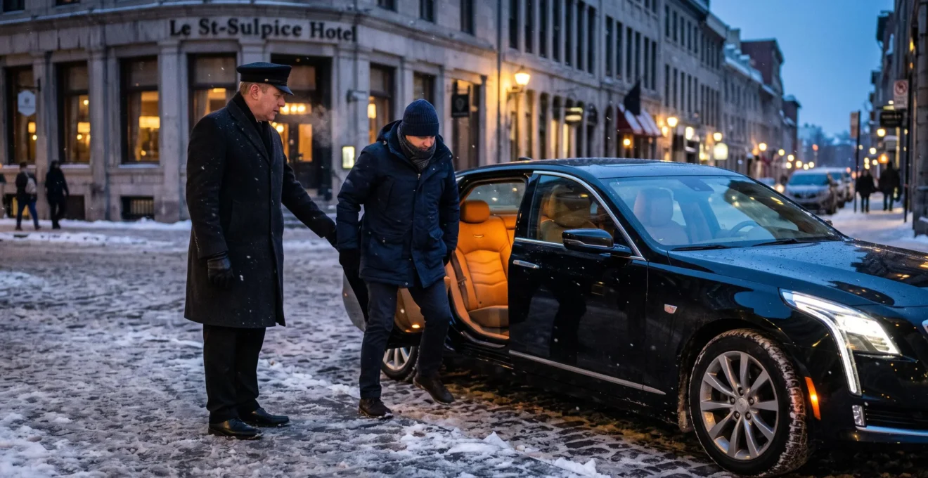 A chauffeur holds open the rear door of a black luxury sedan while a passenger steps out onto a snowy street in Montreal on a winter evening.