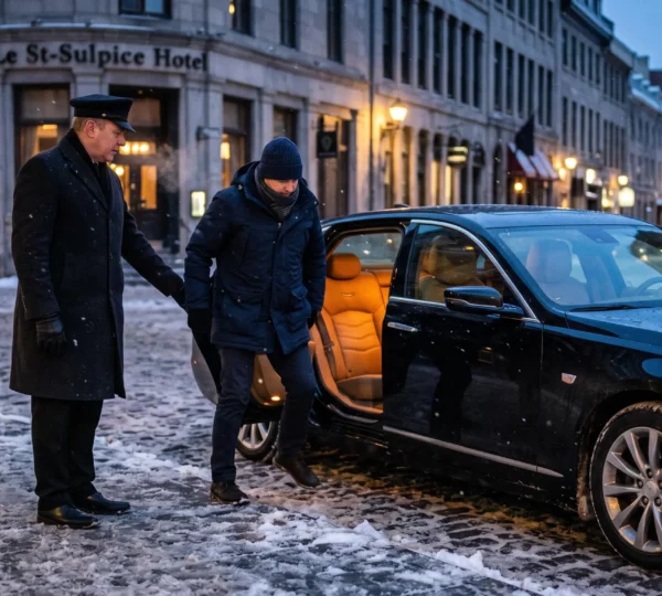 A chauffeur holds open the rear door of a black luxury sedan while a passenger steps out onto a snowy street in Montreal on a winter evening.