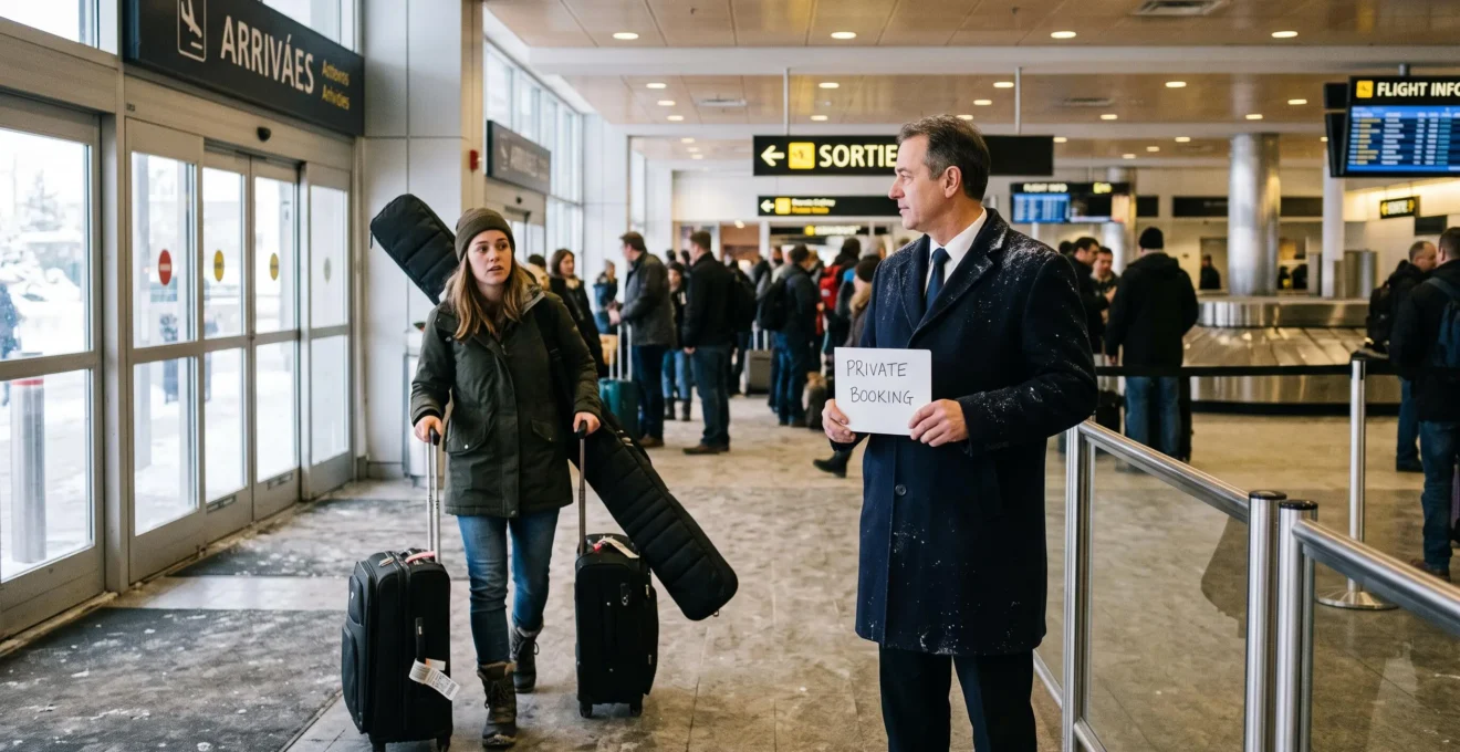 A chauffeur holding a blank name sign waits in a Montréal airport arrivals hall as a traveler with suitcases approaches.