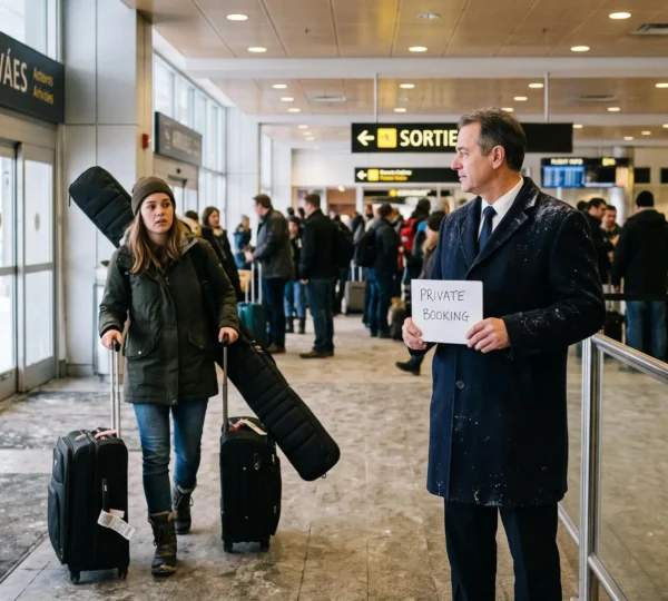 A chauffeur holding a blank name sign waits in a Montréal airport arrivals hall as a traveler with suitcases approaches.