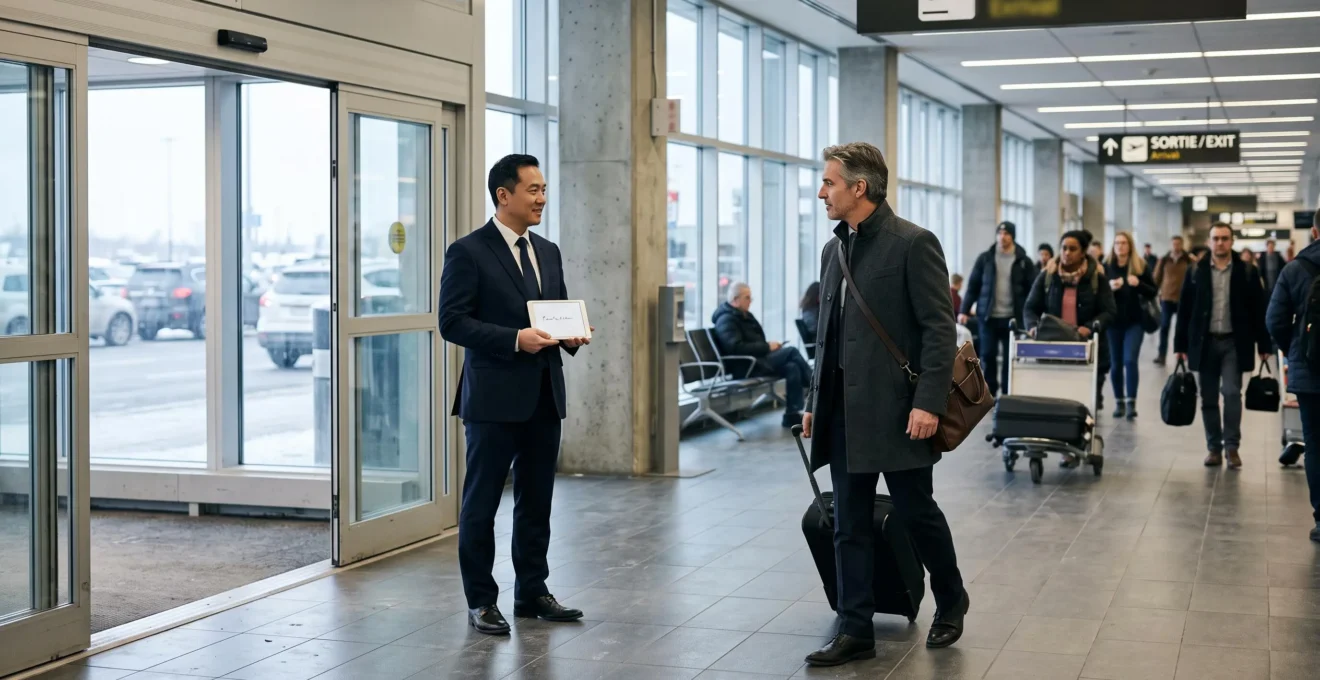 A chauffeur holding a tablet waits for a business traveller with a rolling suitcase in the arrivals area of Montréal-Trudeau airport.