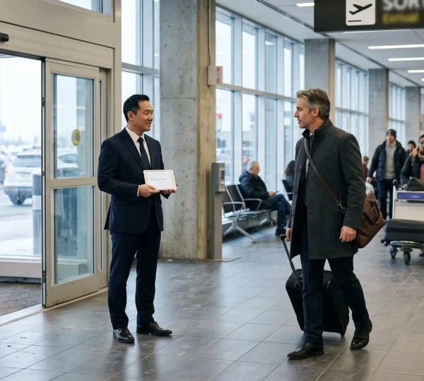 A chauffeur holding a tablet waits for a business traveller with a rolling suitcase in the arrivals area of Montréal-Trudeau airport.