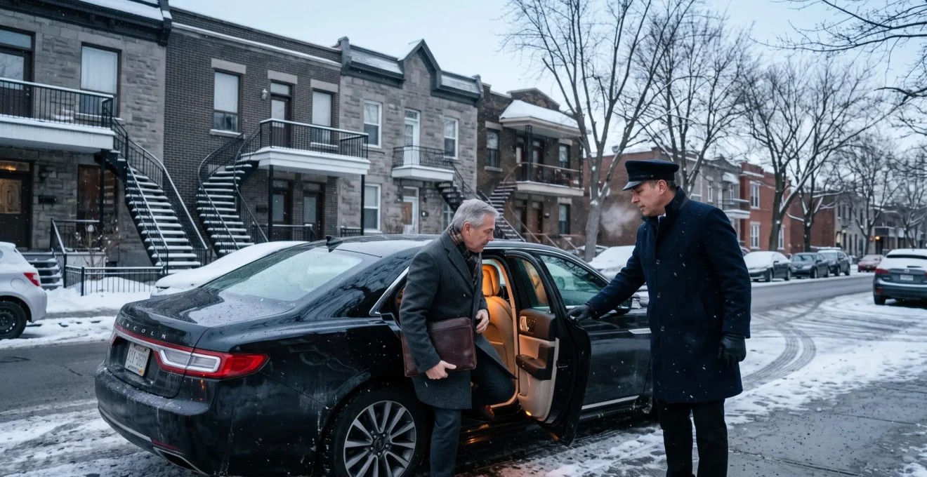 A chauffeur holds open the rear door of a black executive sedan on a snowy Montréal street as an executive in a winter coat gets in during an early morning pickup.
