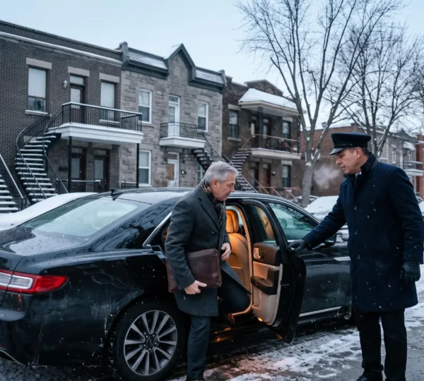 A chauffeur holds open the rear door of a black executive sedan on a snowy Montréal street as an executive in a winter coat gets in during an early morning pickup.