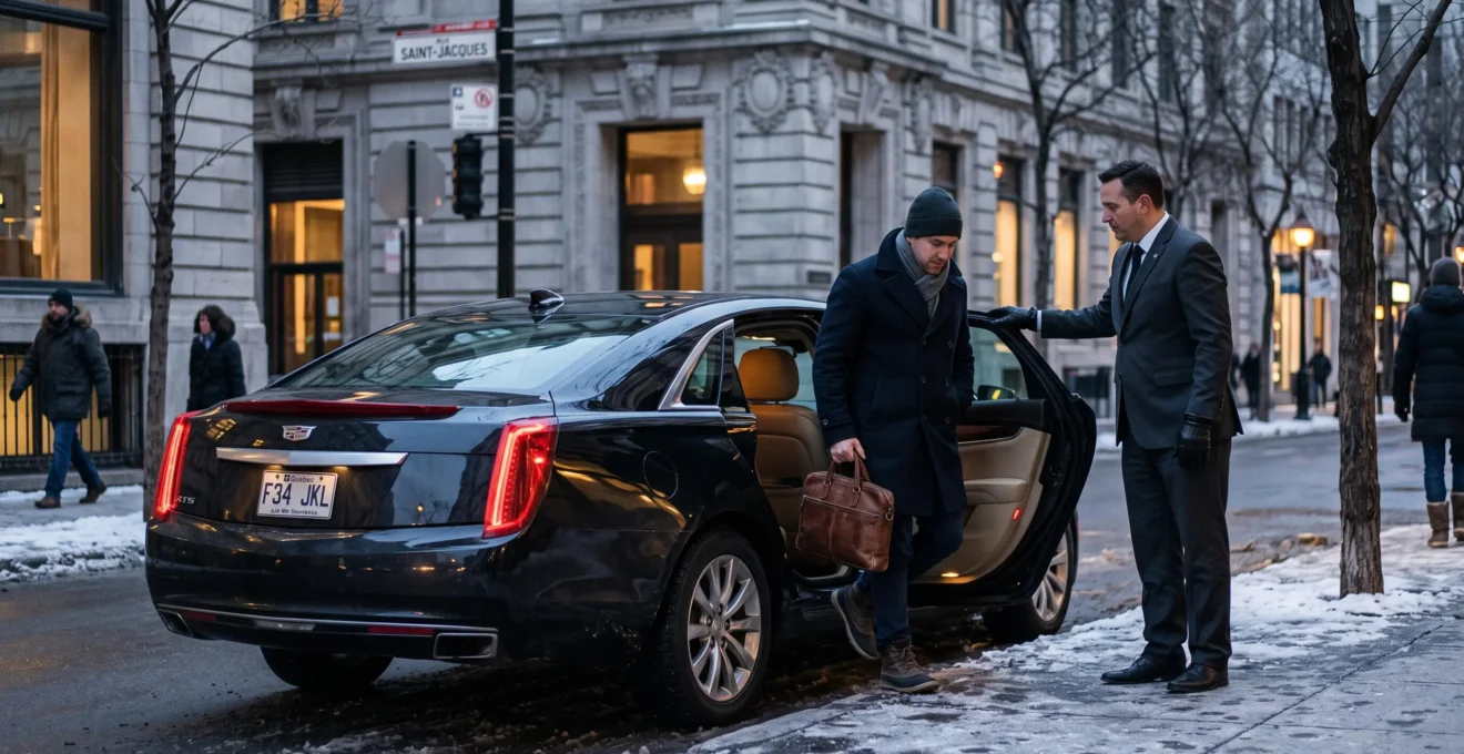 A chauffeur holding open the rear door of a black luxury sedan for a business traveler stepping onto a downtown Montréal street in winter.