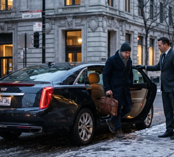 A chauffeur holding open the rear door of a black luxury sedan for a business traveler stepping onto a downtown Montréal street in winter.