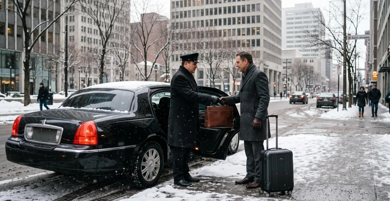 A professional chauffeur holds open the door of a black sedan on a snowy downtown Montréal street as a business traveler with a suitcase approaches.