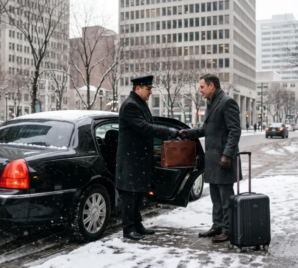 A professional chauffeur holds open the door of a black sedan on a snowy downtown Montréal street as a business traveler with a suitcase approaches.