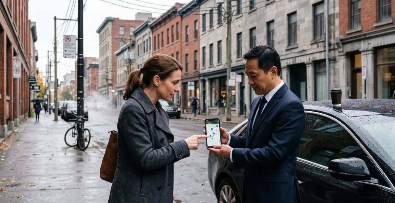 A chauffeur shows a multi-stop route on a smartphone to a passenger beside a black sedan on a downtown Montréal street.