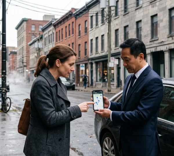 A chauffeur shows a multi-stop route on a smartphone to a passenger beside a black sedan on a downtown Montréal street.