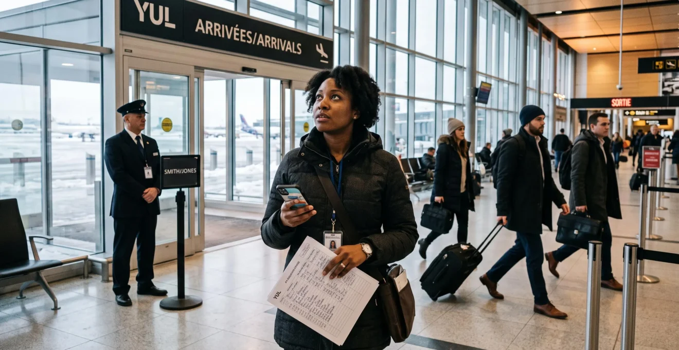 A transportation coordinator checks a printed passenger list in the arrivals hall of Montreal-Trudeau airport as business travelers arrive with luggage.
