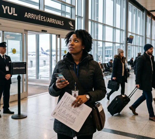 A transportation coordinator checks a printed passenger list in the arrivals hall of Montreal-Trudeau airport as business travelers arrive with luggage.
