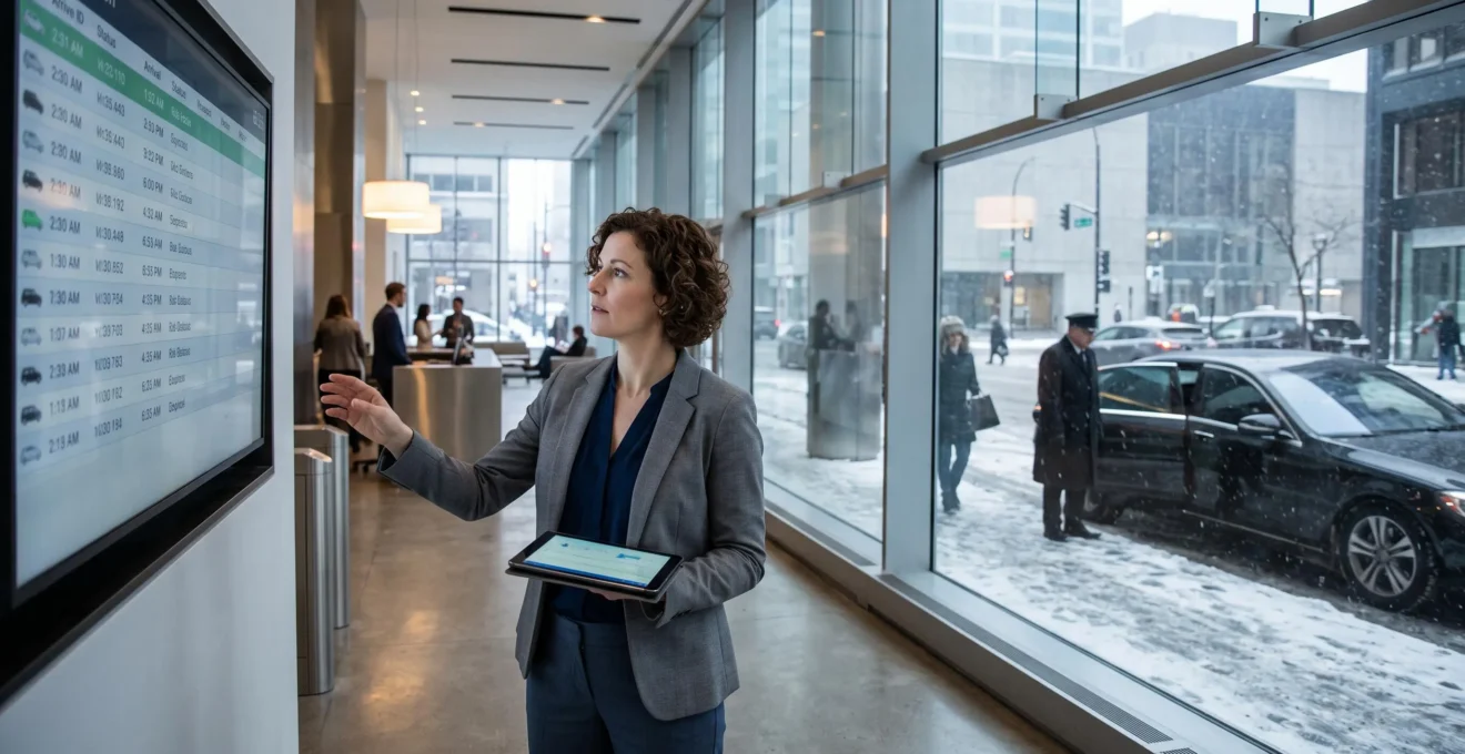 A corporate travel manager monitors scheduled executive rides on a tablet while a chauffeur waits by a sedan outside a Montréal office building.