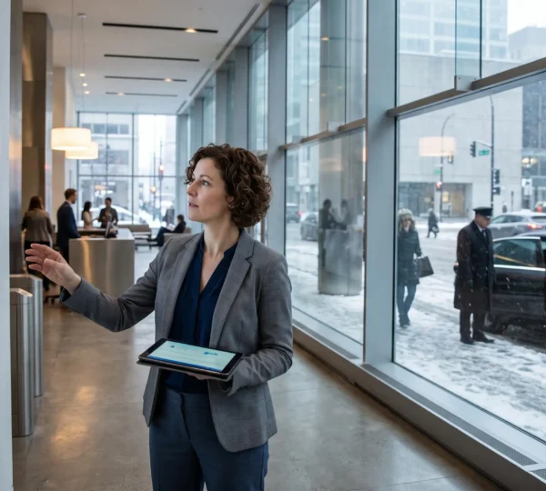 A corporate travel manager monitors scheduled executive rides on a tablet while a chauffeur waits by a sedan outside a Montréal office building.
