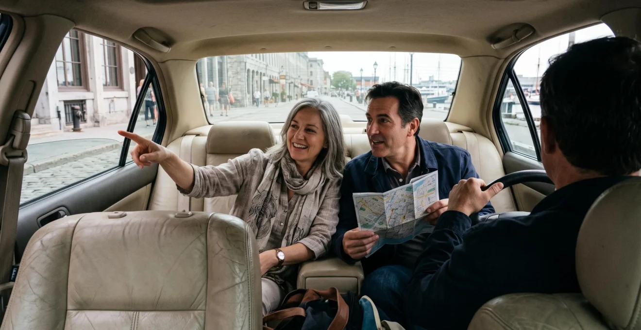 A couple conversing in the back seat of a private car with a driver while passing through Montreal's historic old district.