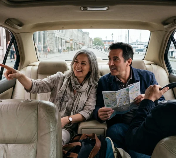 A couple conversing in the back seat of a private car with a driver while passing through Montreal's historic old district.