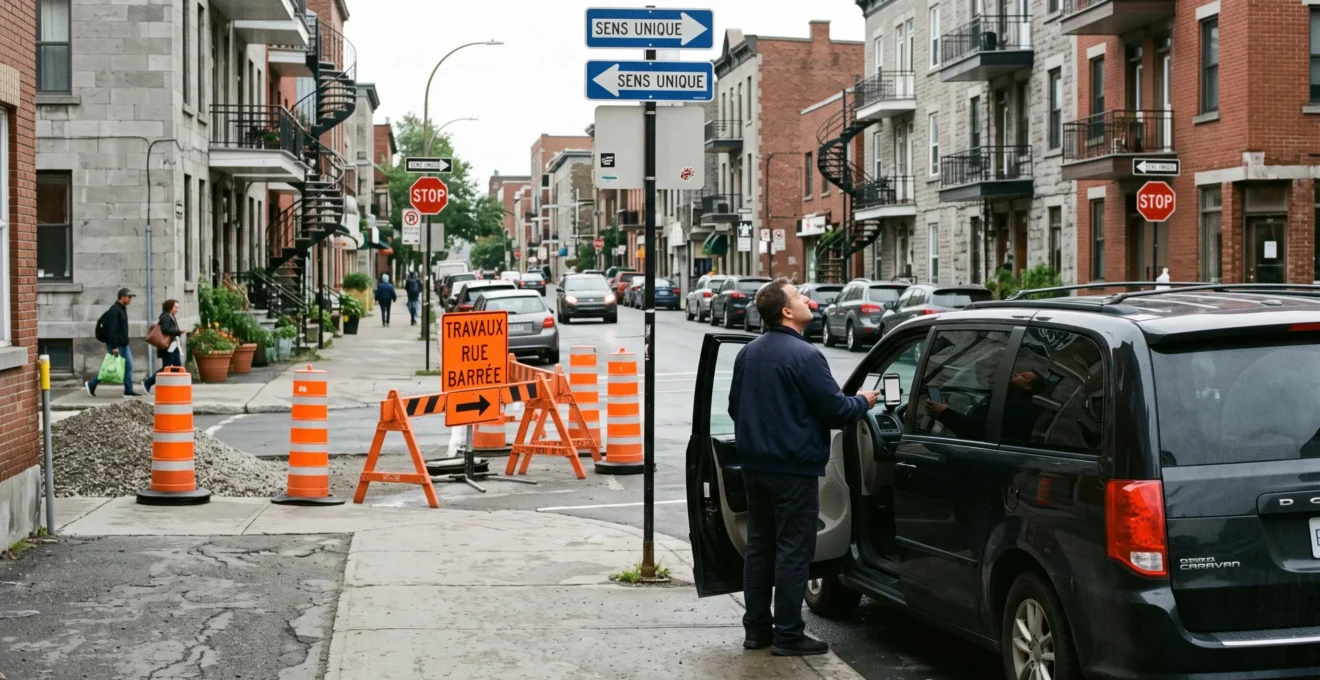 A driver beside a minivan checks a blocked downtown street lined with construction cones and one-way signs.