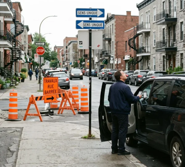 A driver beside a minivan checks a blocked downtown street lined with construction cones and one-way signs.