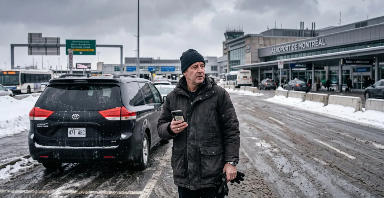 A driver beside a black minivan near Montréal-Trudeau airport checks a flight-tracking app on his phone in winter conditions.