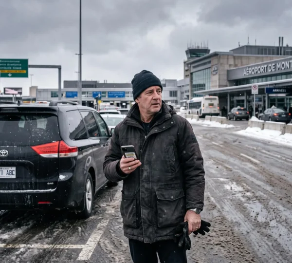 A driver beside a black minivan near Montréal-Trudeau airport checks a flight-tracking app on his phone in winter conditions.