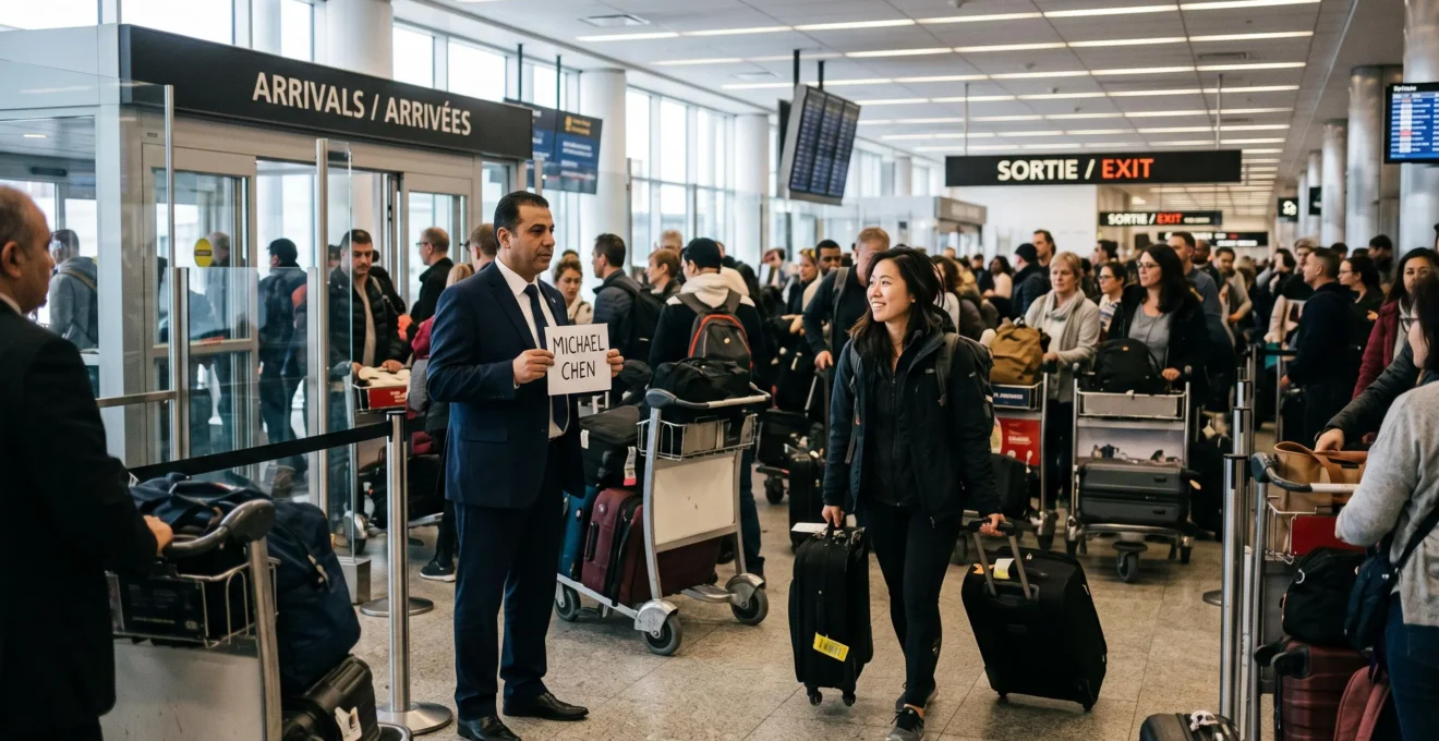 A driver holds a name sign in the arrivals hall while a traveler with a suitcase walks toward him after an international landing at Montréal-Trudeau airport.