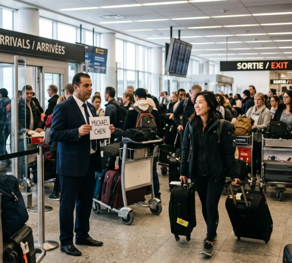 A driver holds a name sign in the arrivals hall while a traveler with a suitcase walks toward him after an international landing at Montréal-Trudeau airport.