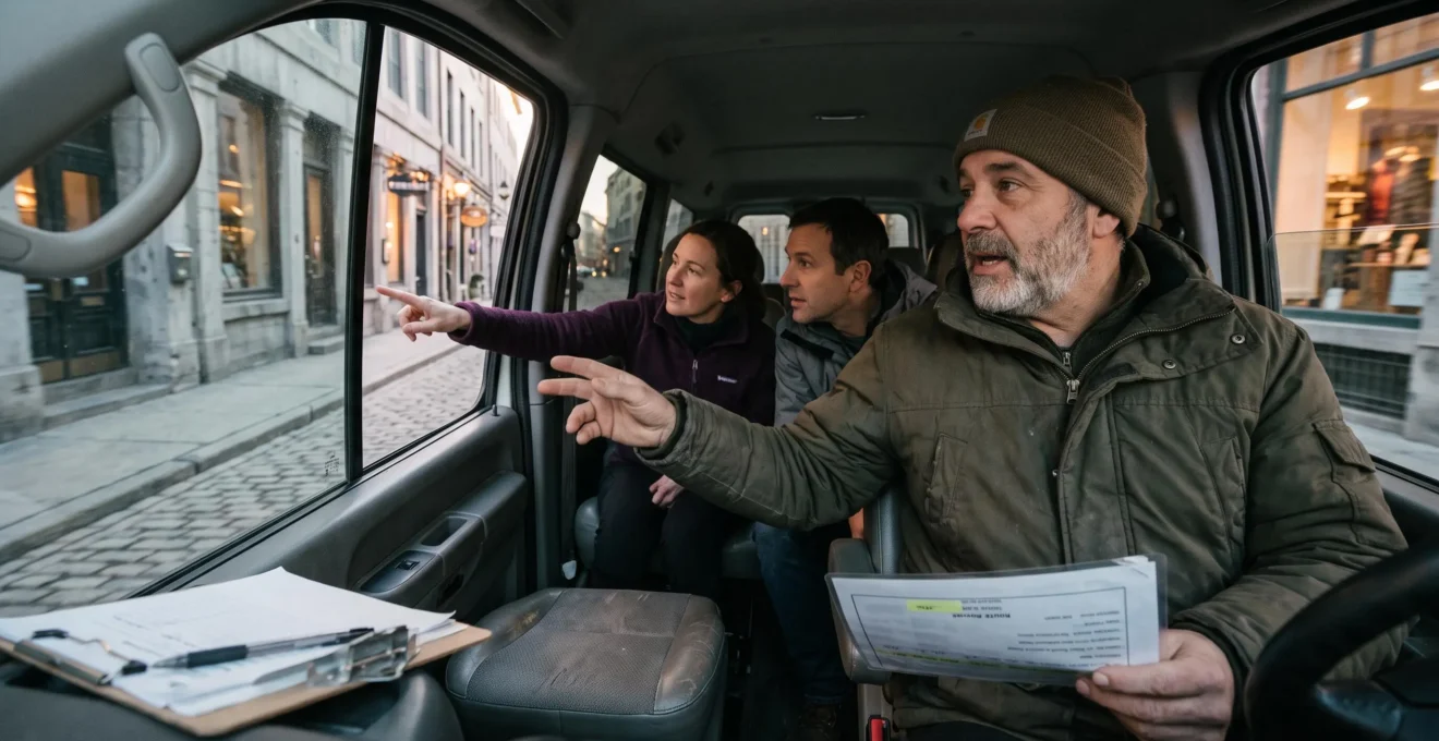 A driver gestures toward Old Montréal stone buildings through a van window while two passengers look out at the cobblestone street.