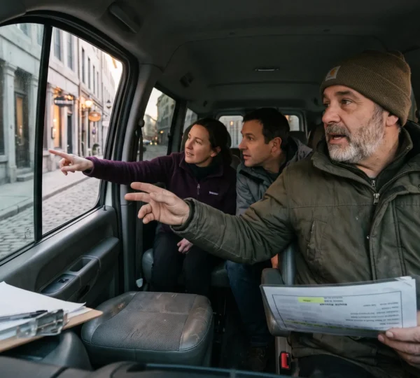 A driver gestures toward Old Montréal stone buildings through a van window while two passengers look out at the cobblestone street.
