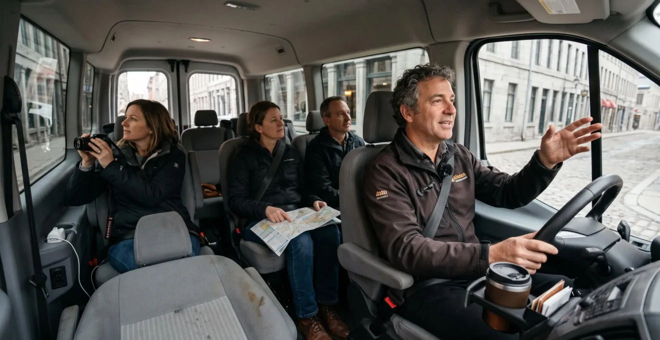 A driver narrating to passengers inside a touring van as historic stone buildings of Old Montréal pass by the windows.