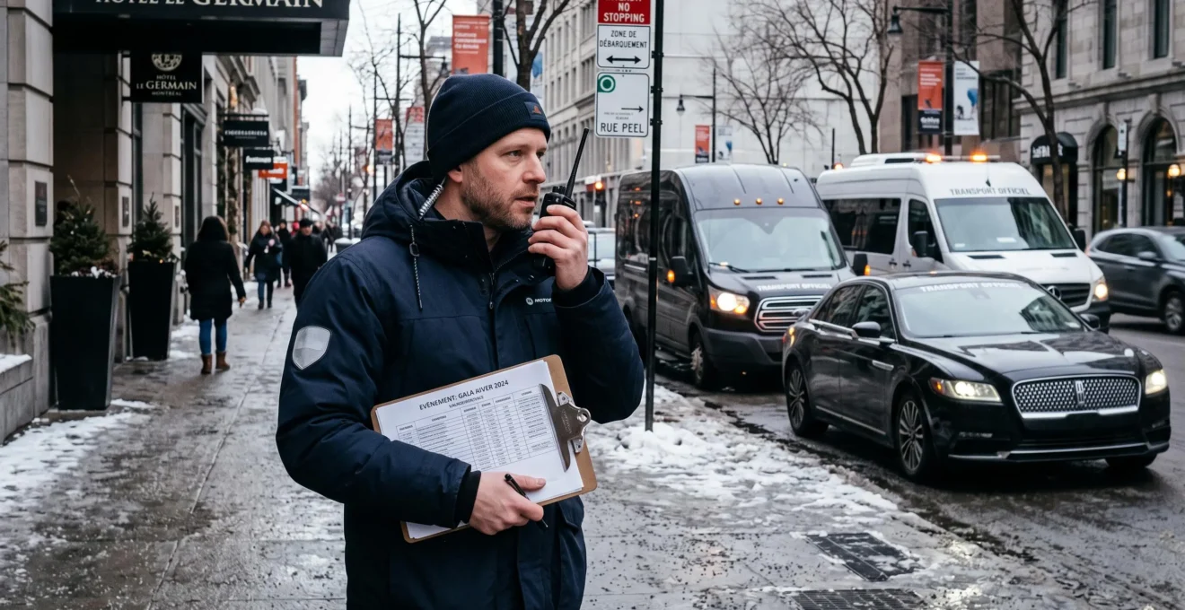 An event transportation coordinator uses a two-way radio while a line of vehicles waits along a hotel loading zone in downtown Montréal.