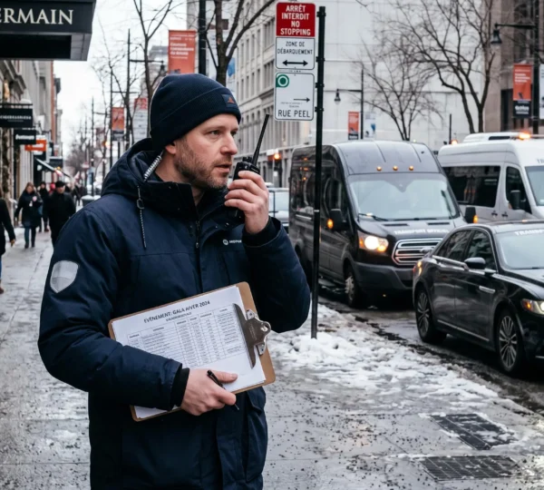 An event transportation coordinator uses a two-way radio while a line of vehicles waits along a hotel loading zone in downtown Montréal.