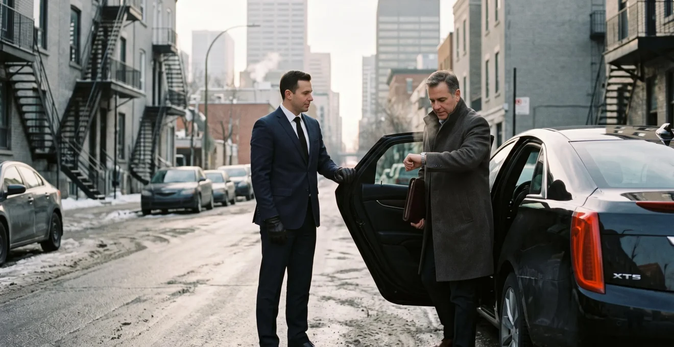 A chauffeur holding open the rear door of a black sedan for an executive checking his watch on a winter morning in downtown Montréal.