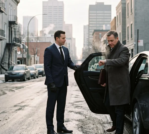 A chauffeur holding open the rear door of a black sedan for an executive checking his watch on a winter morning in downtown Montréal.