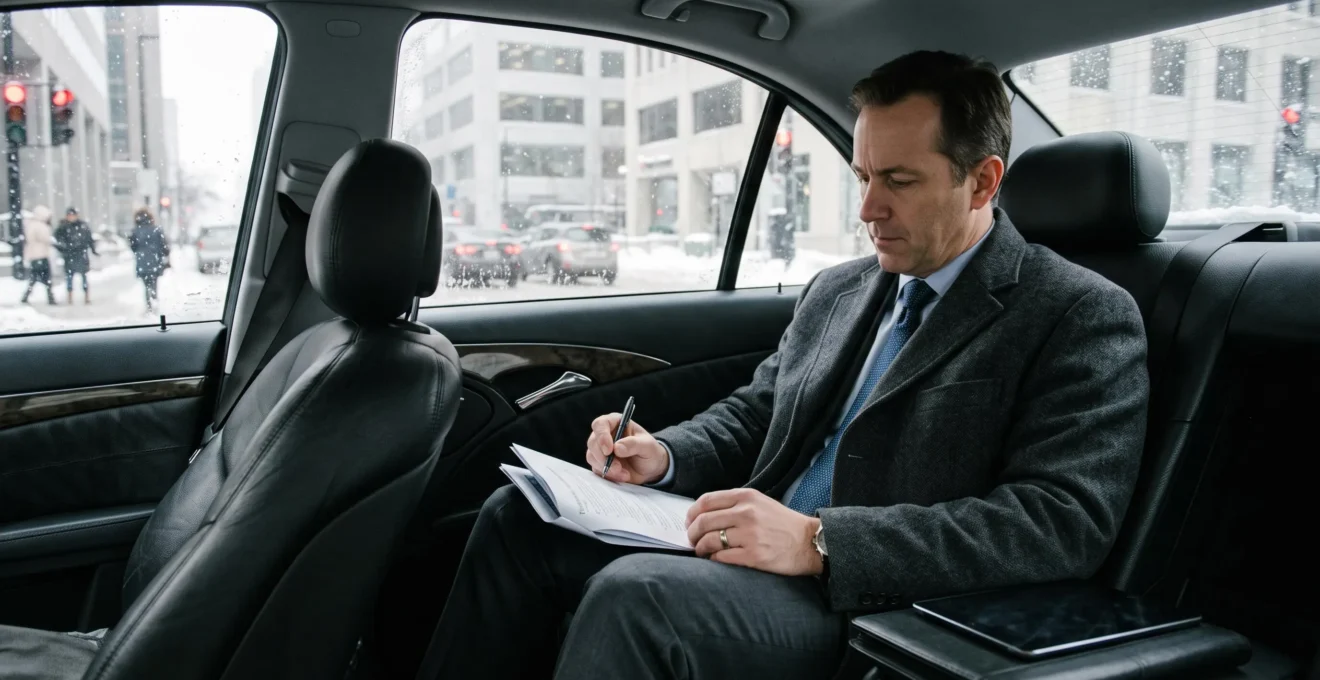 An executive in a wool overcoat reviews printed notes in the back seat of a chauffeured sedan while downtown Montreal traffic and light snow are visible through the window.