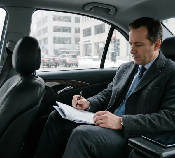 An executive in a wool overcoat reviews printed notes in the back seat of a chauffeured sedan while downtown Montreal traffic and light snow are visible through the window.