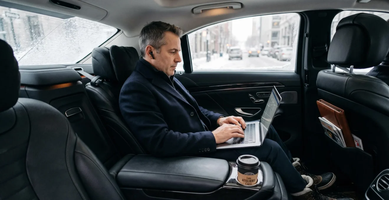 An executive types on a laptop on the rear center armrest of a sedan during a winter ride, with a wool coat folded on the adjacent seat.